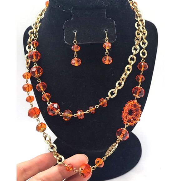 Vintage Estate 1970s Orange Chunky Long Strand Necklace Earrings Demi Parure set - Picture 2 of 5